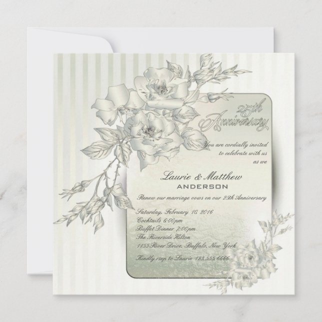 25th Wedding Anniversary Vow Renewal Silver Roses Invitation (Front)