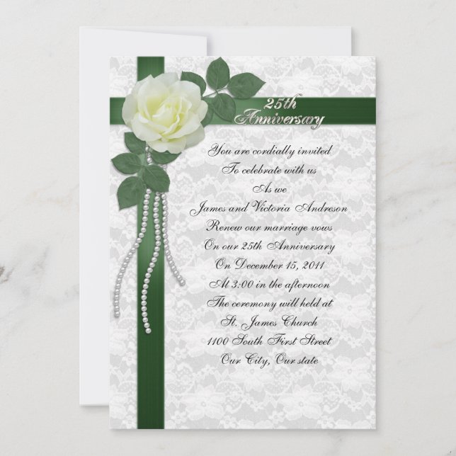 25th Wedding anniversary vow renewal White rose Invitation (Front)