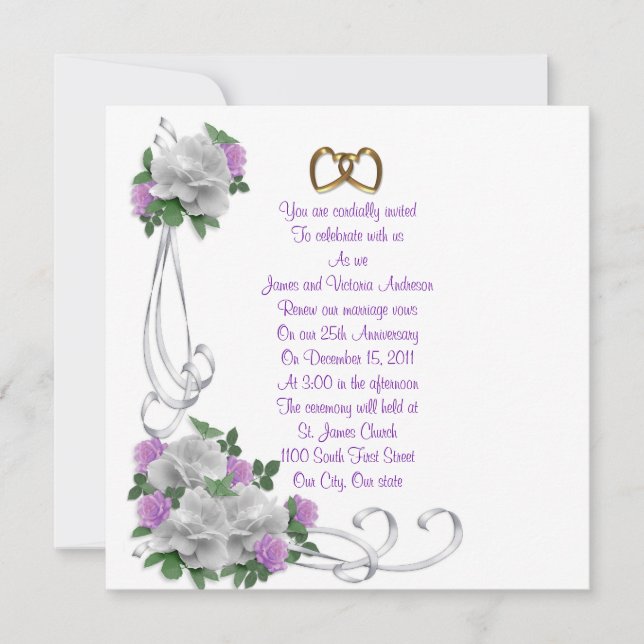 25th Wedding anniversary vow renewal White roses Invitation (Front)