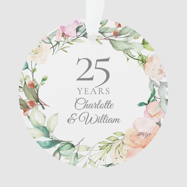 25th Wedding Anniversary Watercolor Roses Floral Ornament (Front)
