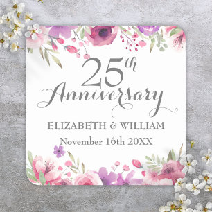 25th Wedding Anniversary Watercolor Roses Floral Square Sticker