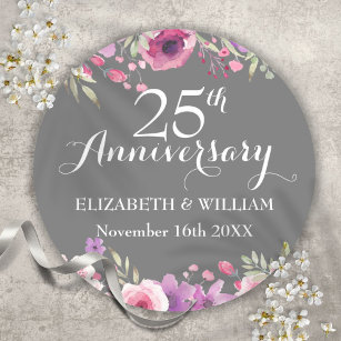 25th Wedding Anniversary Watercolor Roses Greenery Classic Round Sticker