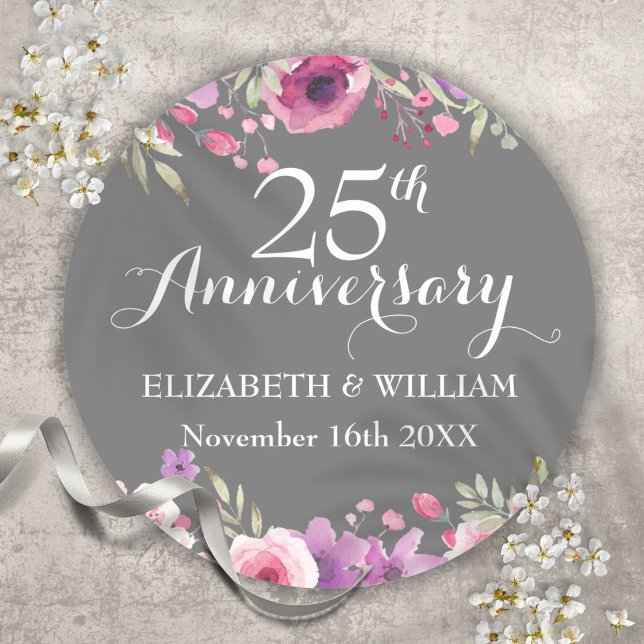 25th Wedding Anniversary Watercolor Roses Greenery Classic Round Sticker (25th Wedding Anniversary Watercolor Roses Greenery Classic Round Sticker)