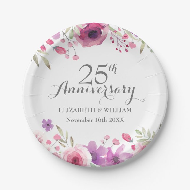25th Wedding Anniversary Watercolour Roses Paper Plate (Front)