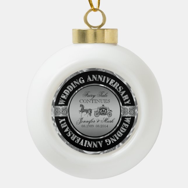 25th Wedding Anniversary-Wedding Horse & Carriage Ceramic Ball Christmas Ornament (Front)