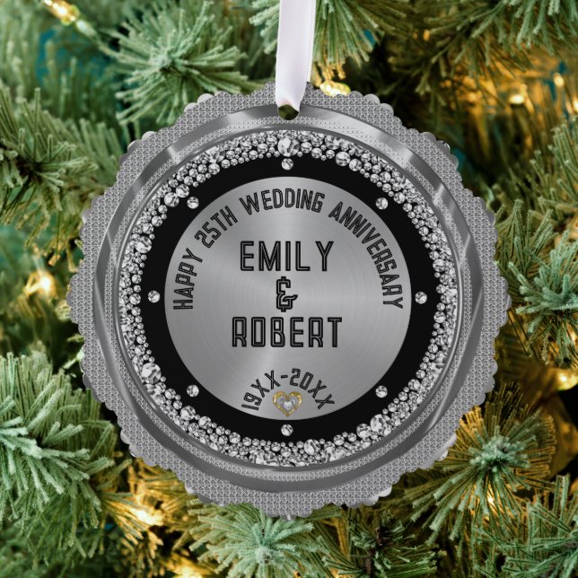 25th wedding Anniversary white diamonds & gold Tree Decoration Card (Insitu (Tree))