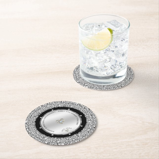 25th wedding Anniversary white diamonds & silver Round Paper Coaster (Insitu)