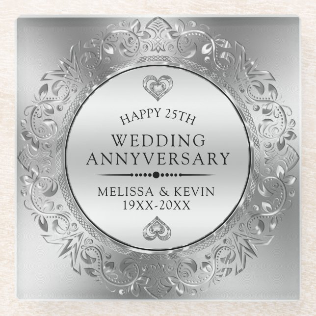 25th Wedding Anniversary White & Silver Frame Glass Coaster (Front)