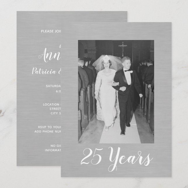 25th Wedding Anniversary with Photo Brushed Silver Invitation (Front/Back)