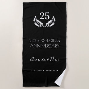 25th wedding annversary black white wreath beach towel