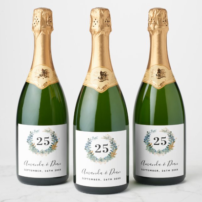 25th wedding annversary eucalyptus wreath sparkling wine label (Bottles)
