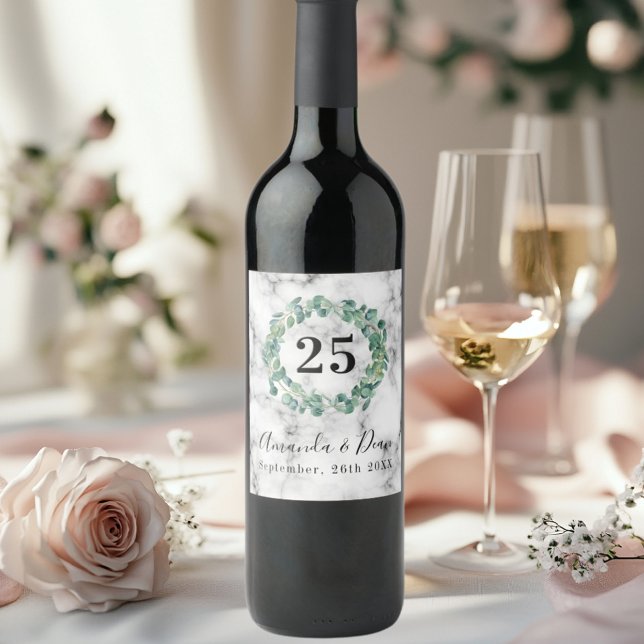 25th wedding annversary marble greenery wreath wine label (Creator Uploaded)