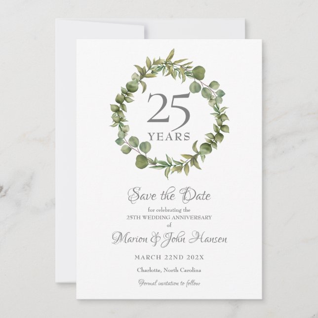 25th Wedding Silver Anniversary Greenery Garland  Save The Date (Front)