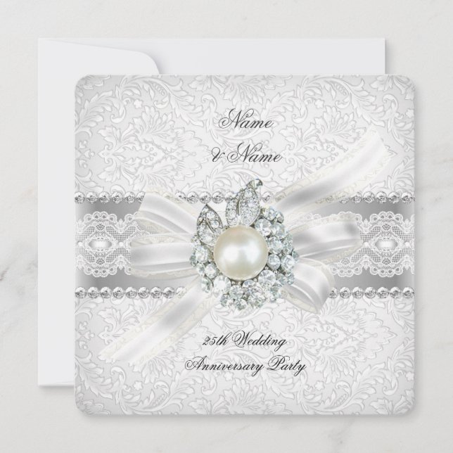 25th Wedding Silver Anniversary Party Lace Pearl Invitation (Front)