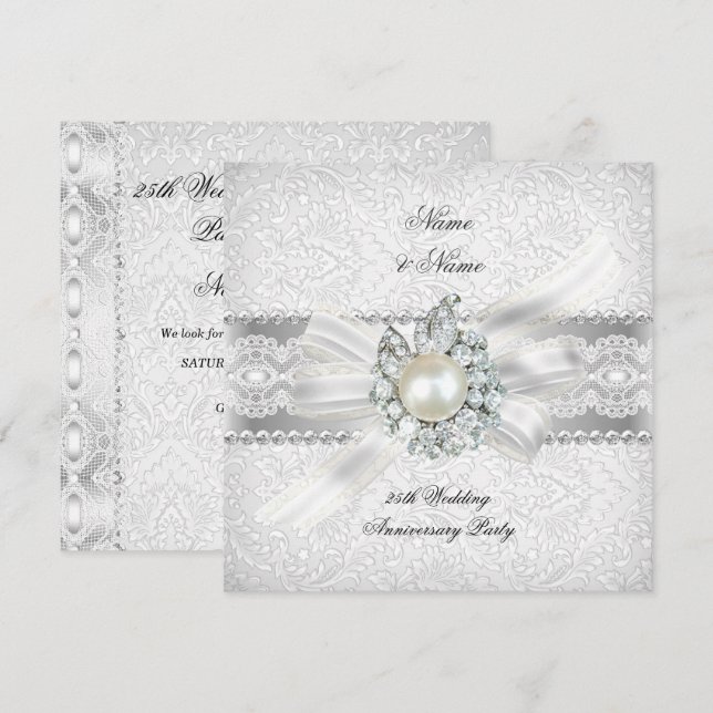25th Wedding Silver Anniversary Party Lace Pearl Invitation (Front/Back)