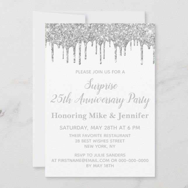 25th White and Silver Surprise Anniversary Party Invitation (Front)