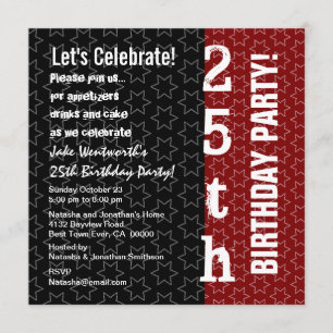 25th Year Birthday Modern Black Red White Stars Invitation