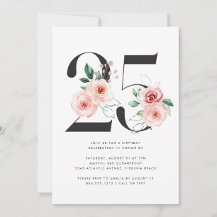 25tht Birthday Modern Floral Rose Gold Greenery  Invitation