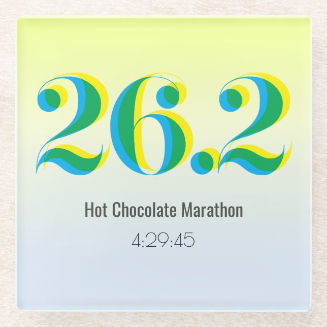 26.2 Marathon Running Bold Blue Yellow Text Glass Coaster (Front)