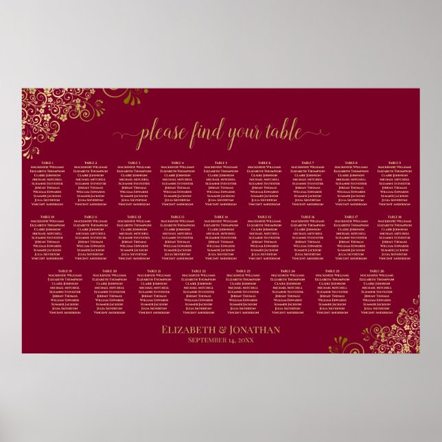 26 Table Burgundy and Gold Wedding Seating Chart (Front)