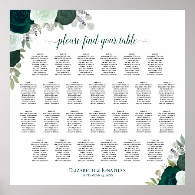 26 Table Emerald Boho Roses Wedding Seating Chart (Front)