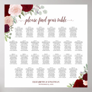 26 Table Red & Pink Roses Wedding Seating Chart