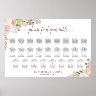 26 Table Rustic Pink Roses Wedding Seating Chart