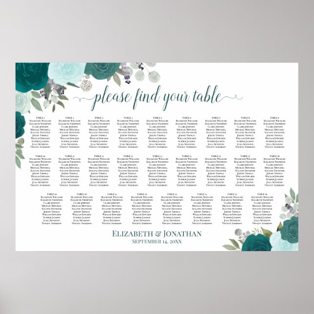 26 Table Teal Boho Roses Wedding Seating Chart (Front)