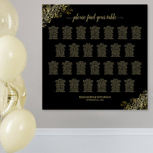 26 Table Wedding Seating Chart Black & Gold Frills