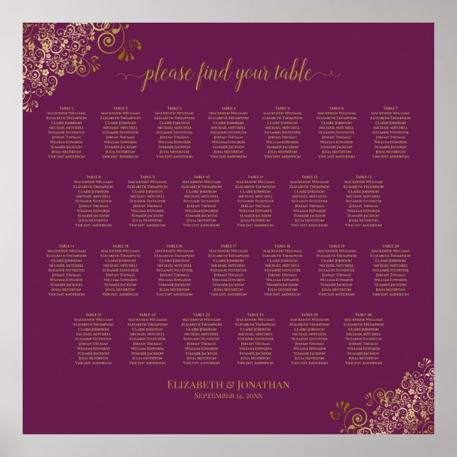 26 Table Wedding Seating Chart Cassis Purple Gold (Front)