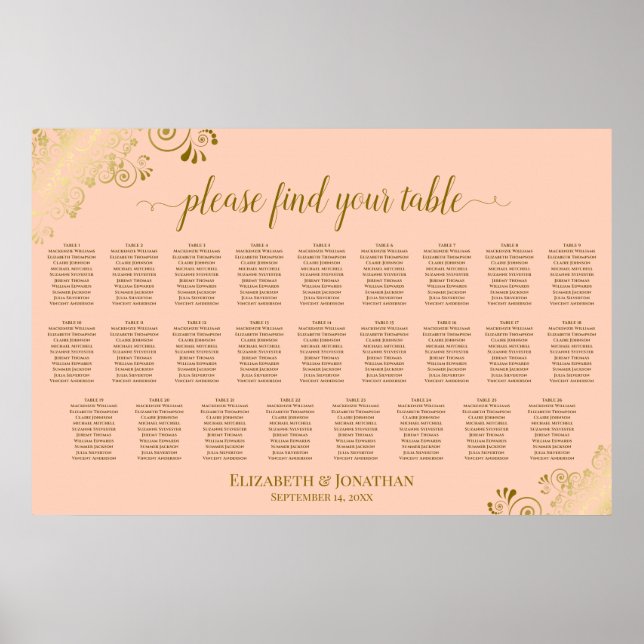 26 Table Wedding Seating Chart Coral Peach & Gold (Front)