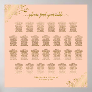 26 Table Wedding Seating Chart Coral Peach & Gold