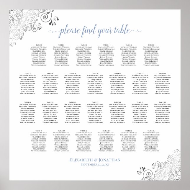 26 Table Wedding Seating Chart Dusty Blue on White (Front)