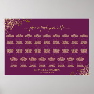26 Table Wedding Seating Chart Magenta Plum & Gold