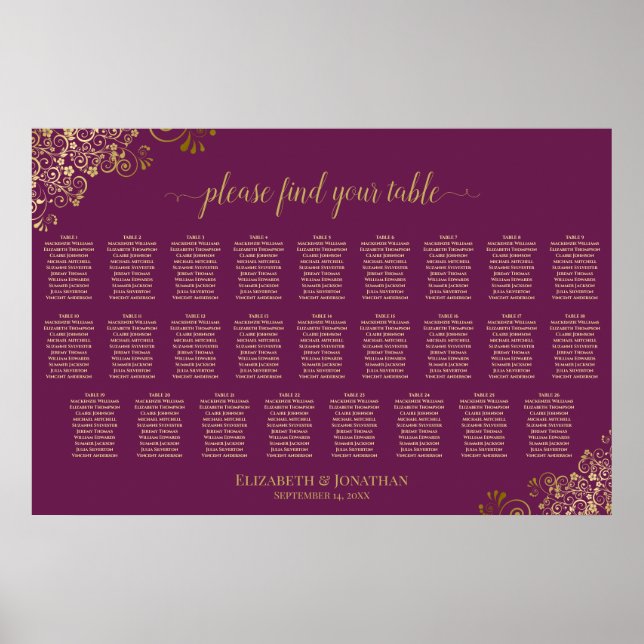 26 Table Wedding Seating Chart Magenta Plum & Gold (Front)