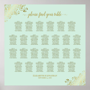 26 Table Wedding Seating Chart Mint Green & Gold