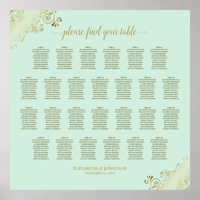 26 Table Wedding Seating Chart Mint Green & Gold (Front)