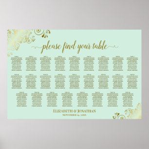 26 Table Wedding Seating Chart Mint Green & Gold