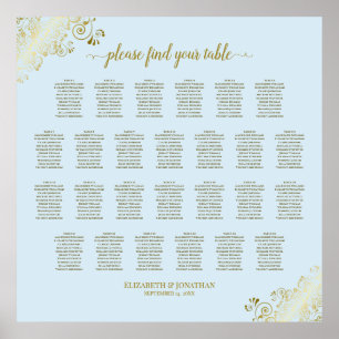 26 Table Wedding Seating Chart Powder Blue & Gold