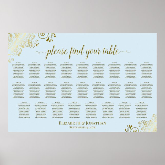 26 Table Wedding Seating Chart Powder Blue & Gold (Front)