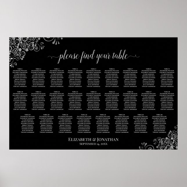 26 Table Wedding Seating Chart Silver Frills Black (Front)