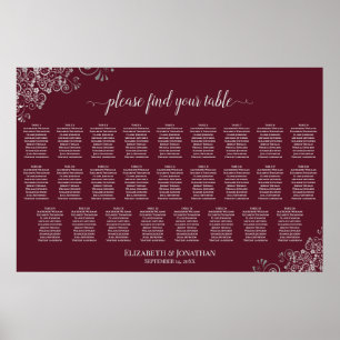 26 Table Wedding Seating Chart Silver on Burgundy
