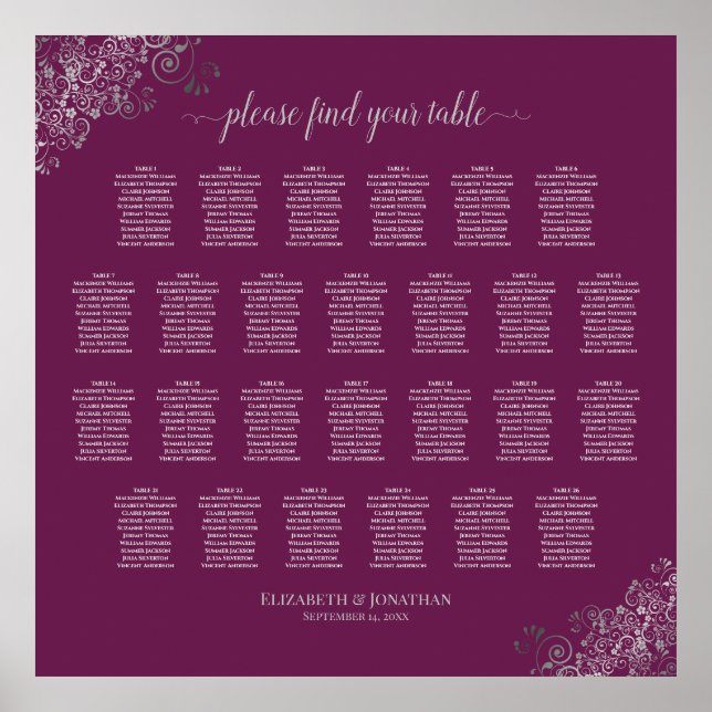 26 Table Wedding Seating Chart Silver on Cassis (Front)