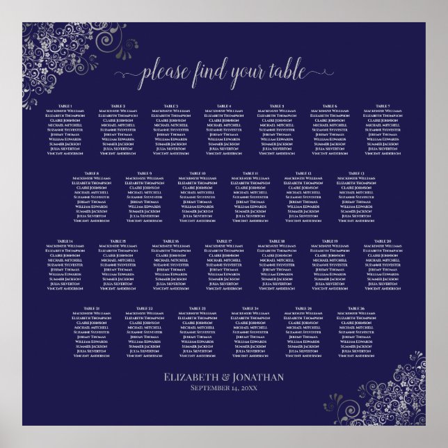 26 Table Wedding Seating Chart Silver on Navy Blue (Front)