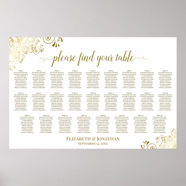 26 Table Wedding Seating Chart White & Gold Frills (Front)