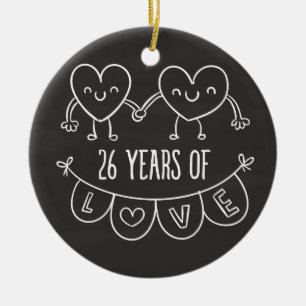 26th Anniversary Gift Chalk Hearts Ceramic Tree Decoration