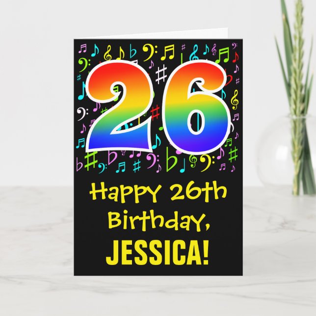 26th Birthday: Colorful Music Symbols + Rainbow 26 Card (Front)