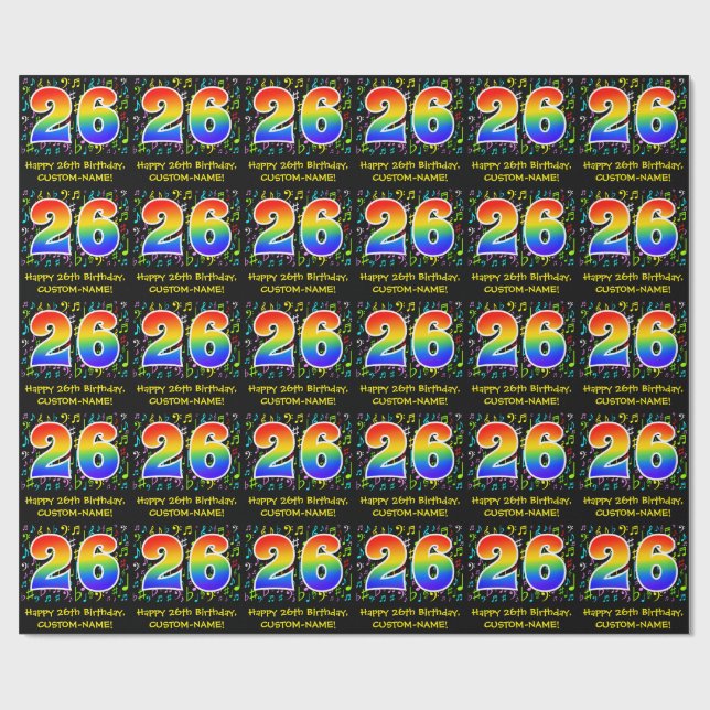 26th Birthday: Colourful Music Symbols, Rainbow 26 Wrapping Paper (Flat)