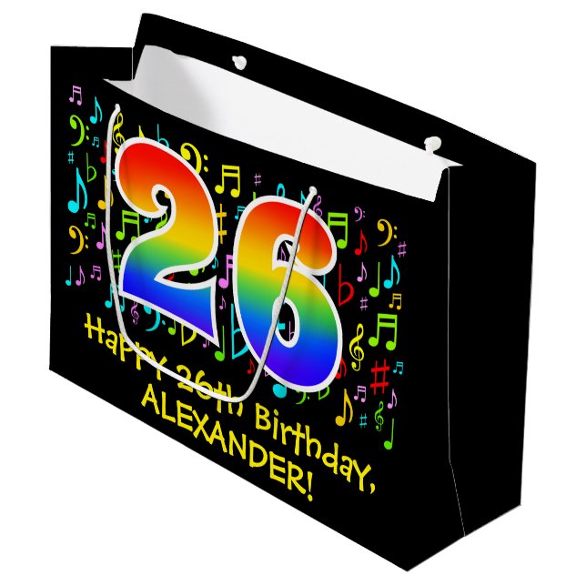 26th Birthday - Colourful Music Symbols, Rainbow 2 Large Gift Bag (Front Angled)