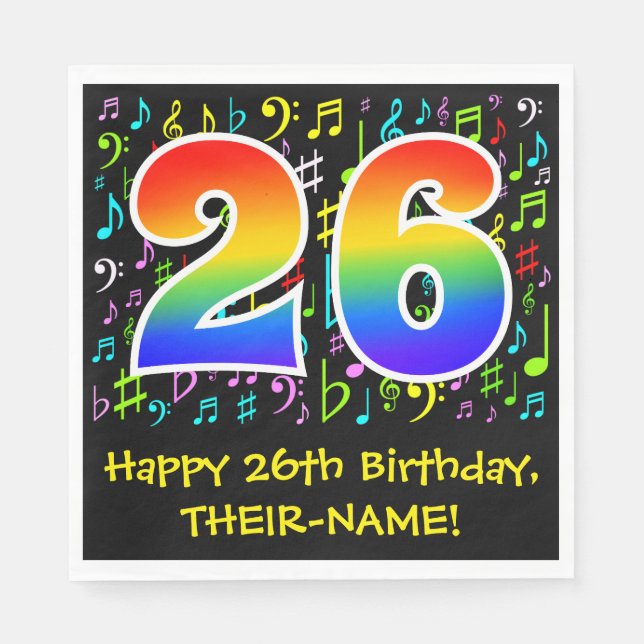 26th Birthday - Colourful Music Symbols, Rainbow 2 Napkin (Front)